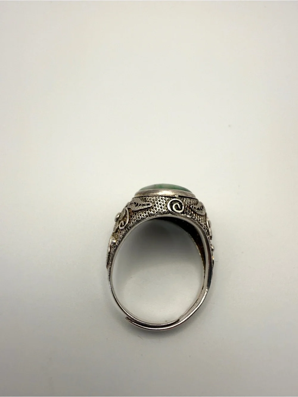 Antique Adjustable Chinese Silver Filigree Ring with Green Stone Cabochon